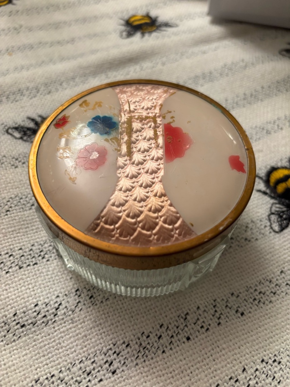 Vintage Glass Powder Jar with Floral Enamel Lid - Pink & Gold Accent
